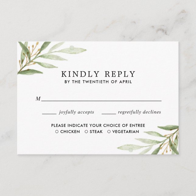 Greenery watercolors green gold leaves RSVP Enclosure Card (Front)