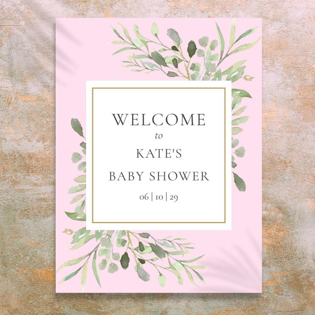 Greenery Watercolour Baby Girl Shower Welcome Sign (Greenery Watercolor Baby Girl Shower Welcome Sign)