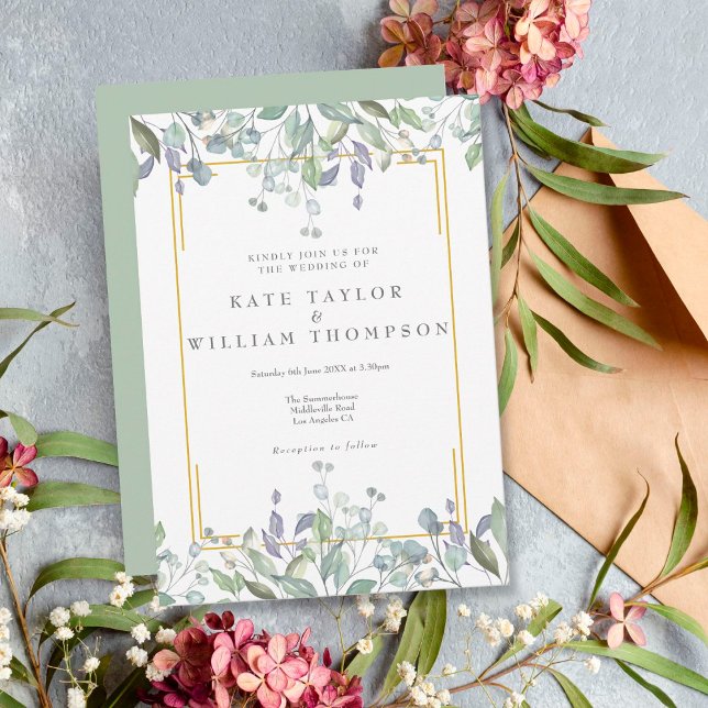 Greenery Watercolour Floral Sage Lilac Wedding Invitation (Creator Uploaded)