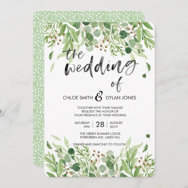 Greenery Watercolour Summer Wedding invitation (Front/Back)