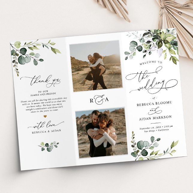 Greenery Wedding Ceremony Tri-Fold Program w/Photo (Creator Uploaded)