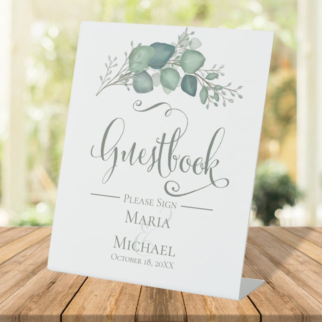 Greenery Wedding Guestbook Script Custom Pedestal Sign (Wedding guest book botanical greenery sign)