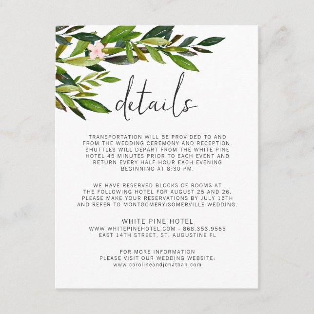 Greenery Wedding Invitation Set Enclosure Card (Front)