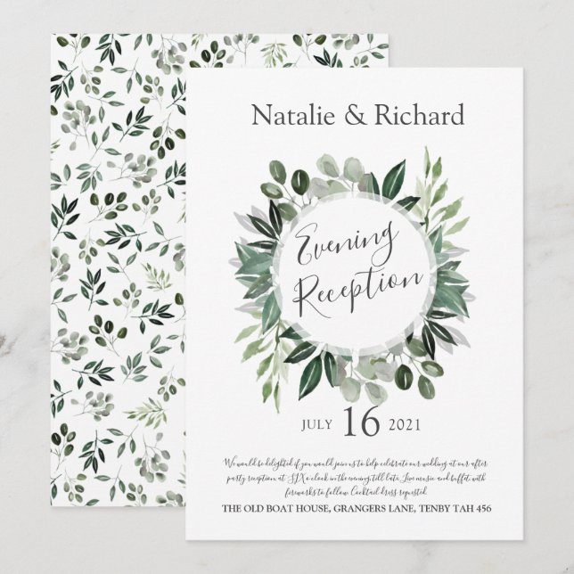 Greenery Wedding Invite, Evening Reception Invitation (Front/Back)