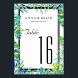 Greenery Wedding Menu Table Number Card<br><div class="desc">Bright & cheerful colours for your Hawaii/destination/beach/summer/tropical island... .theme engagement/wedding/anniversary! Beautiful refreshing hand-painted watercolor tropical leaves in shades of green and blue framed this wedding table card (or your occasion) in its bright and cheerful spirit along with art deco inspired fonts. Ideal for a beach wedding, nautical wedding, tropical wedding,...</div>
