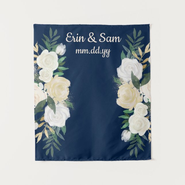 Greenery Wedding Photo Booth Backdrop Navy Blue Tapestry (Front)