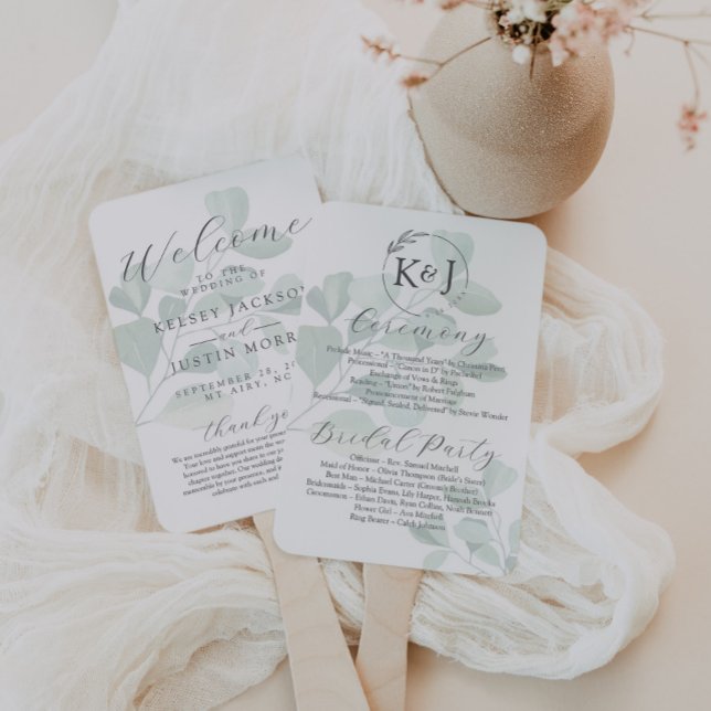 Greenery Wedding Program Eucalyptus Watercolor Hand Fan (Creator Uploaded)