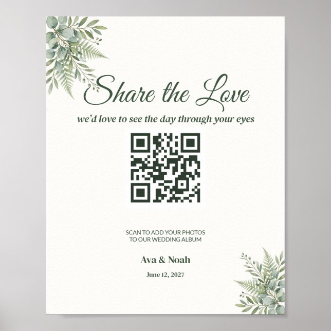 Greenery Wedding QR Code Sign, Scan to Share Poster (Front)