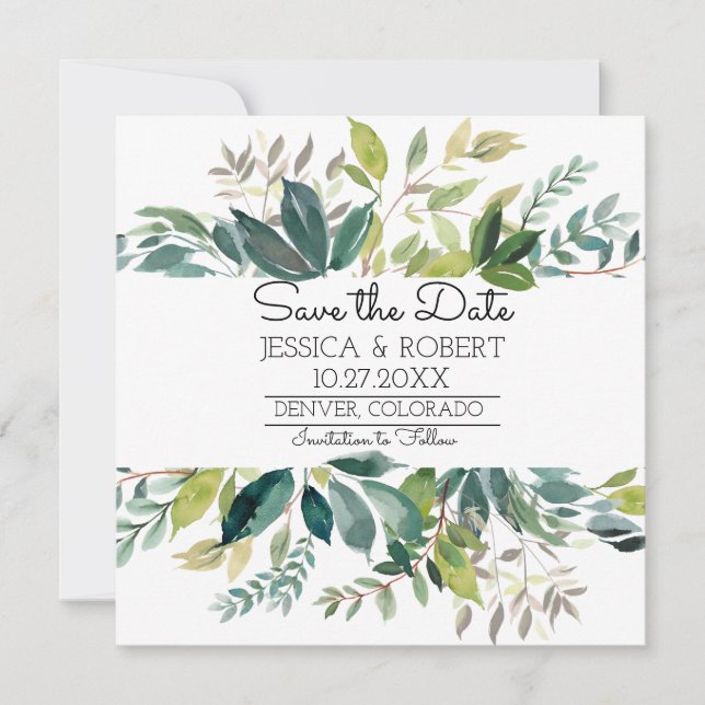 Greenery Wedding Save the Date Card (Front)