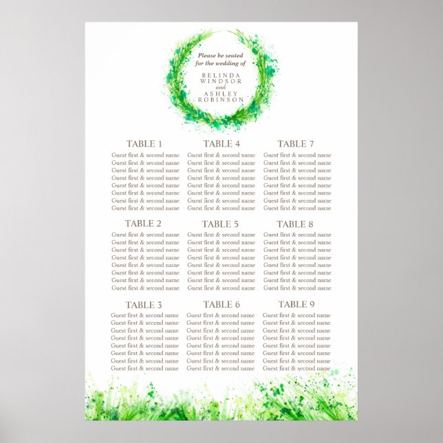 Greenery Wedding Seating Table Planner 1-9 tables Poster (Front)