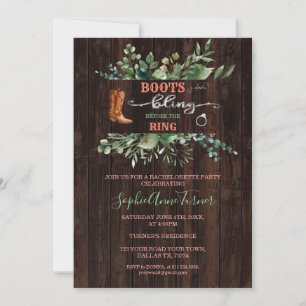 Greenery Western Boots & Bling Bachelorette Party Invitation
