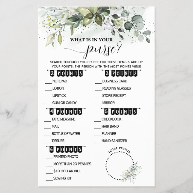 Greenery What is in your Purse Baby Shower Card (Front)