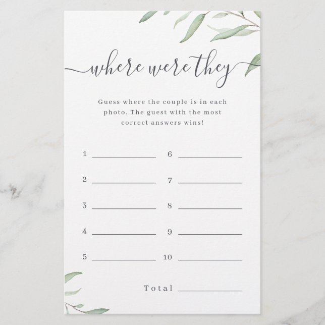 Greenery where were they bridal shower game (Front)