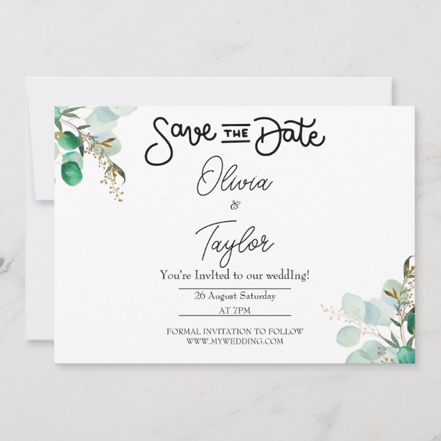 Greenery Whimsical Save The Date Invitation (Front)