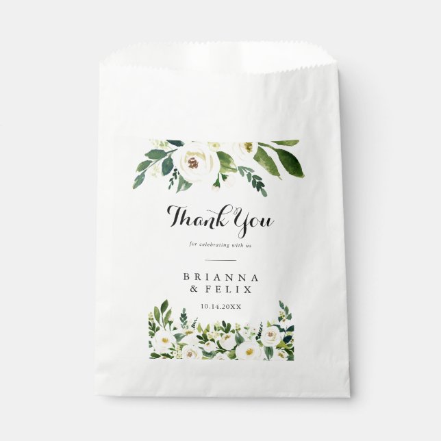 Greenery White Autumn Floral Thank You Wedding Favour Bag (Front)