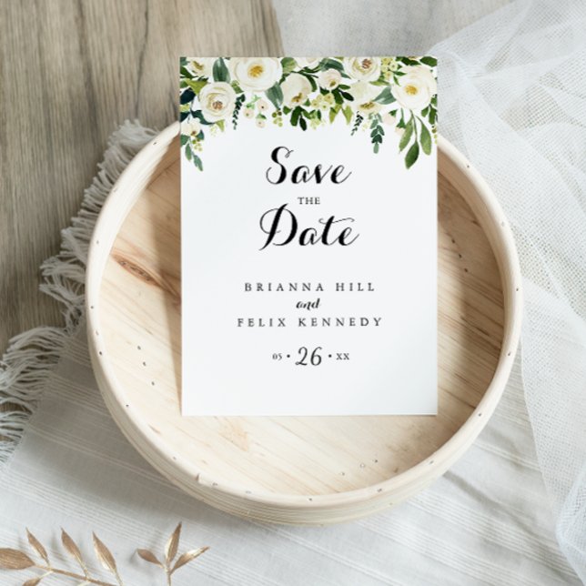 Greenery White Floral Calligraphy Save the Date Postcard (Creator Uploaded)