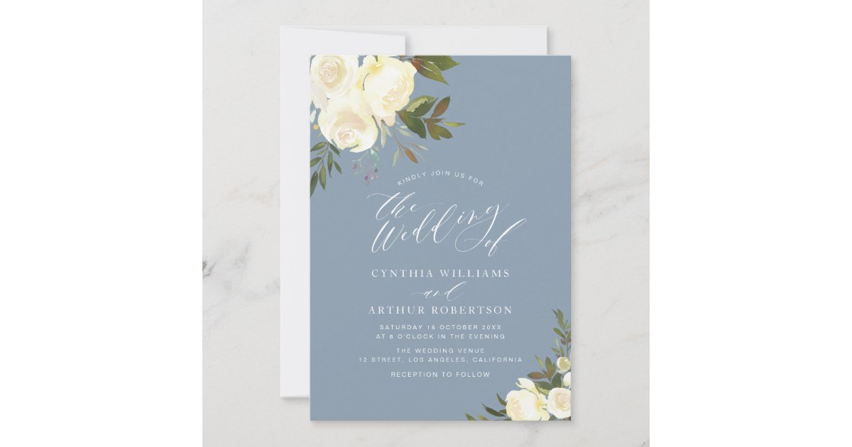 greenery white floral dusty blue wedding invitation | Zazzle