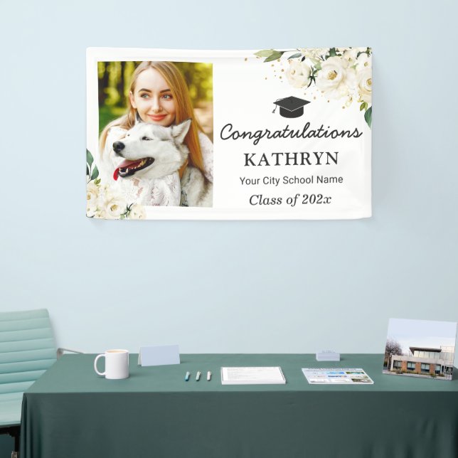 Greenery White Floral Graduation Party Grad Photo Banner (Tradeshow)
