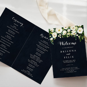 Greenery White Floral Royal Blue Folded Wedding  Program