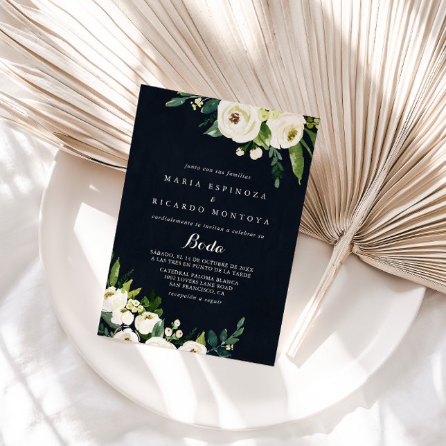 Greenery White Floral Royal Blue Spanish Wedding  Invitation (Creator Uploaded)
