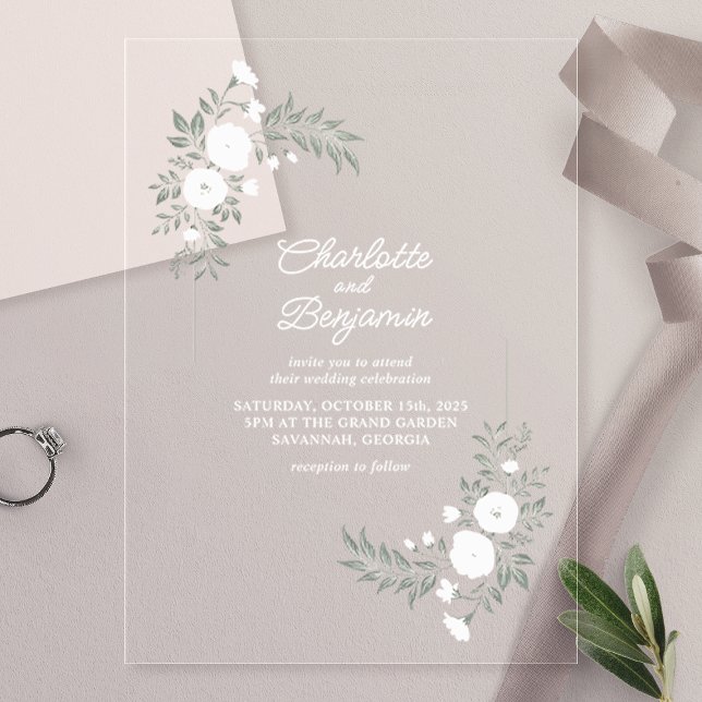 Greenery White Floral Wedding Acrylic Invitations (Creator Uploaded)