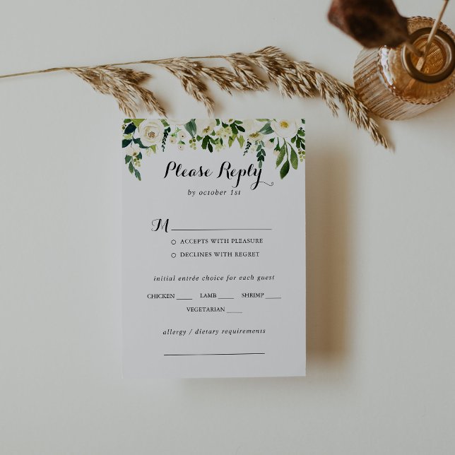 Greenery White Floral Wedding Menu Choice RSVP (Creator Uploaded)