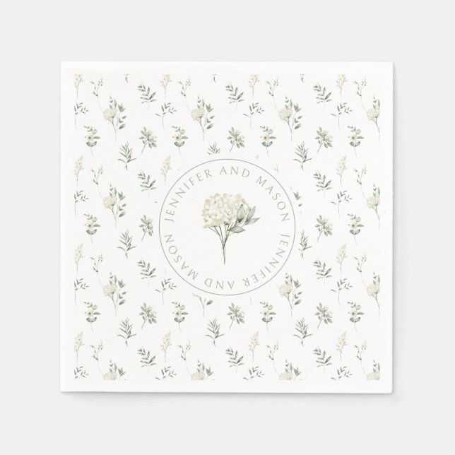 Greenery white flower blooms wedding paper napkins (Front)