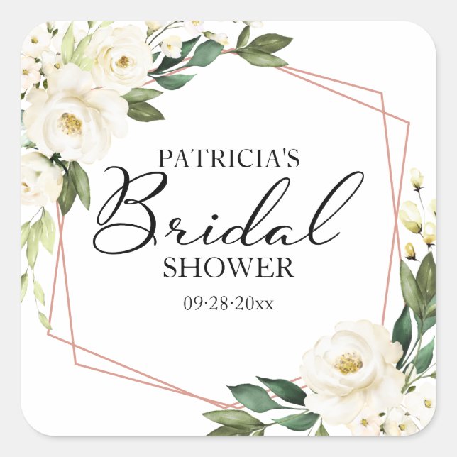 Greenery White Flowers Geometric Bridal Shower Squ Square Sticker (Front)