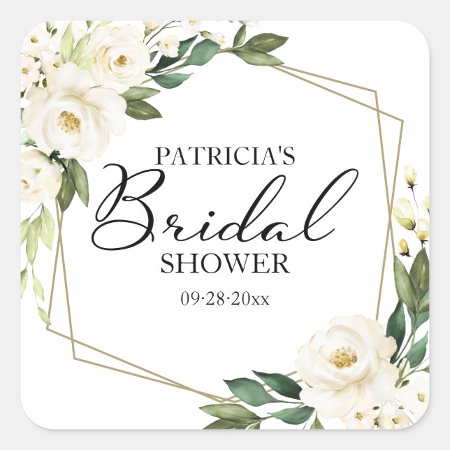 Greenery White Flowers Geometric Bridal Shower Square Sticker (Front)