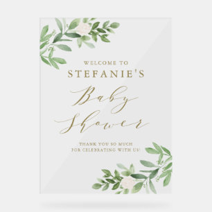 Greenery White Flowers Gold Baby Shower Welcome Acrylic Sign