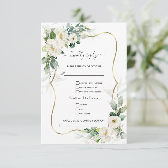 Greenery White Flowers Gold Song Request Wedding  RSVP Card (Standing Front)