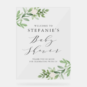Greenery White Flowers Grey Baby Shower Welcome Acrylic Sign
