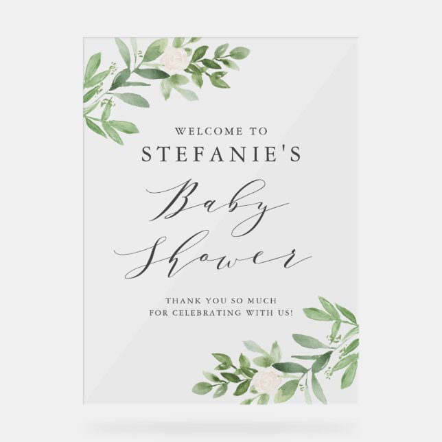 Greenery White Flowers Grey Baby Shower Welcome Acrylic Sign (Front)