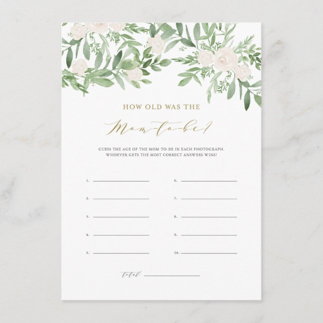 Greenery & White Flowers How Old Was the Mom-to-be Enclosure Card (Front)