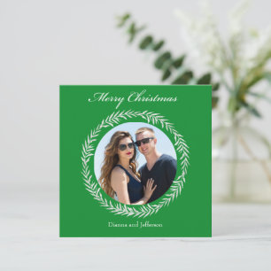 Greenery White Leaves Wreath enclosing your photo Holiday Card