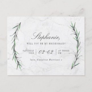 Greenery & White Marble Will You Be My Bridesmaid Invitation Postcard