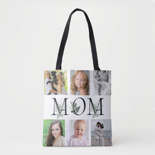Greenery White MOM 6 Photo Mother's Day Gift  Tote Bag (Front)