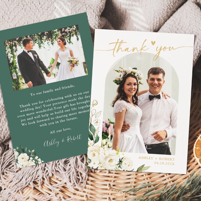 Greenery White Peony Floral Arch Wedding Photo Thank You Card (Creator Uploaded)