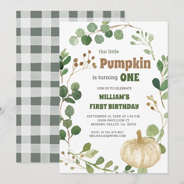  Greenery White Pumpkin Boy First Birthday  Invitation (Front/Back)