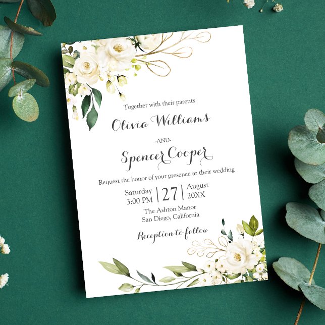 Greenery White Rose Floral Gold Leaves Wedding Invitation (Floral Wedding Invitation)