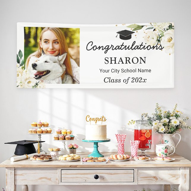 Greenery White Rose Floral Graduation Party Large Banner (Creator Uploaded)