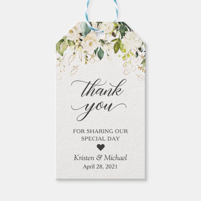 Greenery White Rose Floral Wedding Favour Thank Yo Gift Tags (Front)