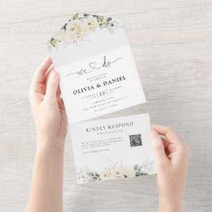 Greenery White Roses All in One Wedding Invite