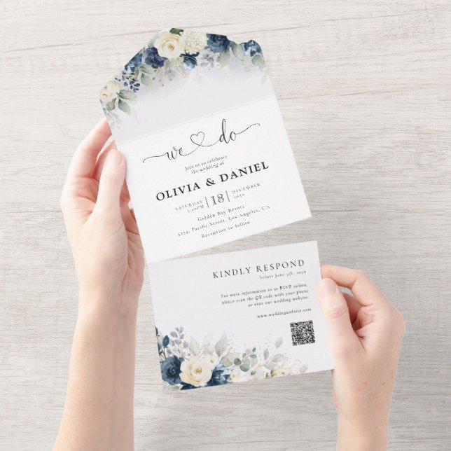 Greenery White Roses All in One Wedding Invite (Tearaway)