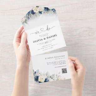 Greenery White Roses All in One Wedding Invite