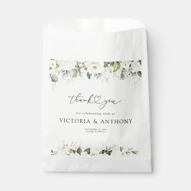Greenery White Roses Bridal Shower Favour Bags (Front)