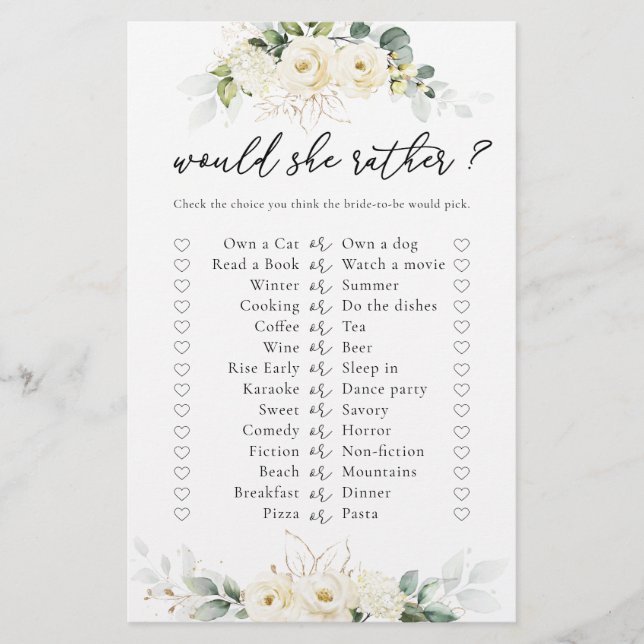 Greenery White Roses Bridal Shower Game (Front)