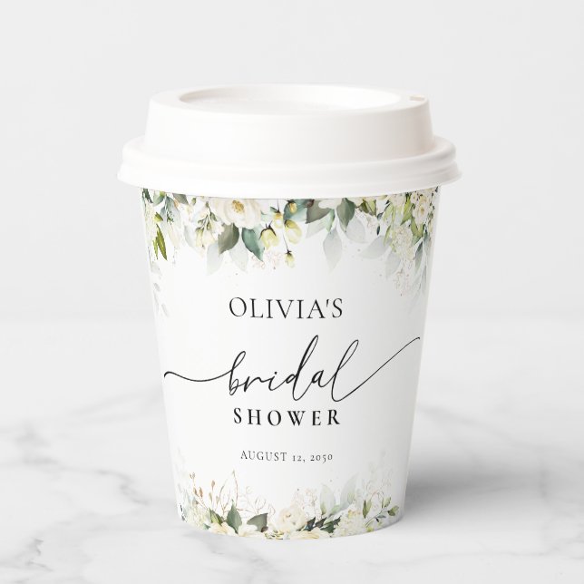 Greenery White Roses Bridal Shower Paper Cup (Front)