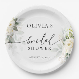 Greenery White Roses Bridal Shower Paper Plate