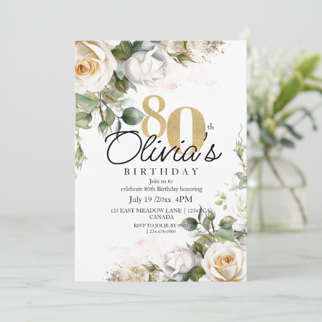 Greenery White Roses & Gold 80th Birthday Invitation (Standing Front)